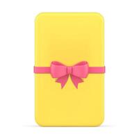 Romantic yellow gift card vertical slim package with pink glossy bow ribbon realistic 3d icon vector