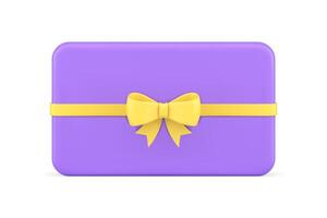 Purple glossy rectangle gift card with yellow bow ribbon realistic 3d icon illustration vector