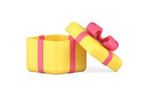Bright yellow squared gift box with open cap pink bow realistic 3d icon illustration vector