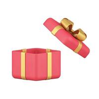 Open red wrapped gift box with flying cap squared festive container design realistic 3d icon vector