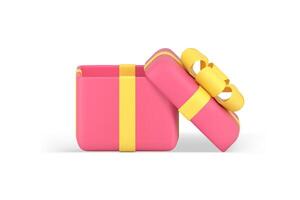 Pink cute wrapped open gift box package decorated yellow glossy bow ribbon realistic 3d icon vector
