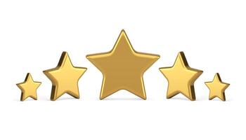 Five golden stars different shape premium quality rating evaluation badge realistic 3d icon vector