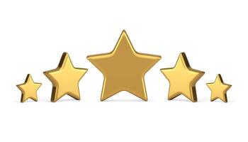 Five golden stars different shape premium quality rating evaluation badge realistic 3d icon vector