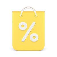 Paper shopping bag yellow marketing retail pack percent sale discount special offer 3d icon vector