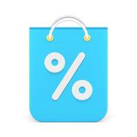 Blue paper shopping bag with sale discount percentage label and handles realistic 3d icon vector