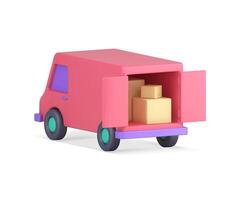 Open pink minivan full cardboard boxes package parcel courier logistic distribution 3d icon vector
