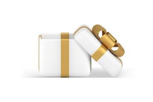 blanco elegante cuadrado regalo caja con envuelto dorado arco cinta presente envase 3d icono vector