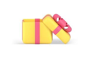 Cute yellow open gift box pink bow ribbon festive congratulations surprise realistic 3d icon vector