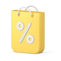 Yellow paper shopping bag with handles commercial percent sale discount special offer 3d icon vector