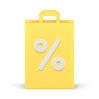 Yellow shopping paper bag sale discount percentage retail special offer realistic 3d icon vector