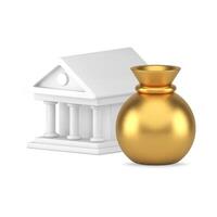 Commercial business bank antique Roman building with pillars and golden sack 3d icon vector