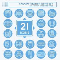 icono conjunto ferrocarril estación. relacionado a tren estación símbolo. azul ojos estilo. sencillo diseño ilustración vector