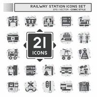 icono conjunto ferrocarril estación. relacionado a tren estación símbolo. cómic estilo. sencillo diseño ilustración vector