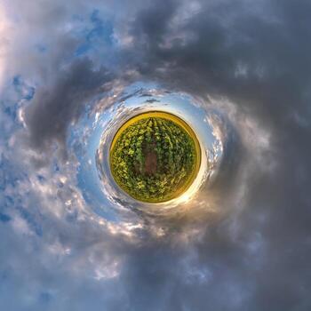 simple tiny planet without buildings in blue sky with beautiful clouds. Transformation of spherical panorama 360 degrees. Spherical abstract aerial view. Curvature of space. photo