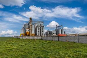 silos en agroindustrial complejo con semilla limpieza y el secado línea para grano almacenamiento foto