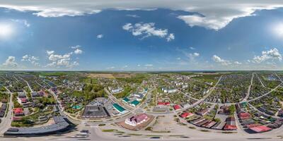 aerial hdri 360 panorama view from great height on buildings, churches and center market square of provincial city in equirectangular seamless spherical projection. use as sky replacement for drone photo