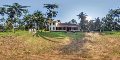 full hdri 360 panorama of portugal catholic church in jungle among palm trees in Indian tropic village in equirectangular projection with zenith and nadir. VR AR content photo