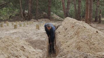 A worker wearing is actively digging a narrow trench in a forested area. The surrounding terrain is uneven with visible tree stumps and soil heaps. video