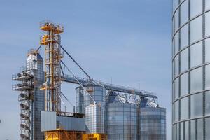 silos granero ascensor en agroindustrial complejo con semilla limpieza y el secado línea para grano almacenamiento foto