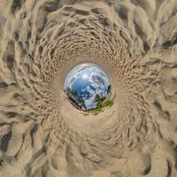 blue hole sphere little planet inside sand or dry grass round frame background photo