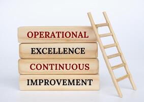 Operational Excellence and Continuous Improvement text on wooden blocks with wooden toy ladder photo