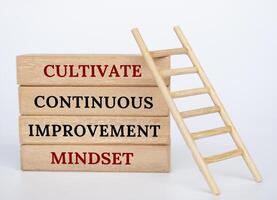 Cultivate continuous improvement mindset text on wooden blocks. Positive mindset concept photo