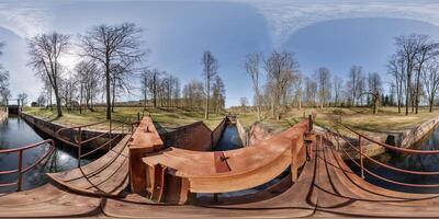 hdri 360 panorama near gateway lock construction on river, canal for passing vessels at different water levels. Full spherical 360 degrees seamless panorama in equirectangular projection photo