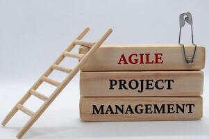 Agile project management text on wooden blocks with small toy ladder photo