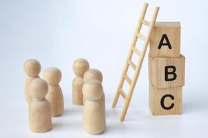 ABC text on wooden cubes with ladder and doll figures on white background. Knowledge concept photo