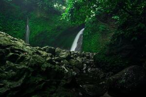 hermosa Mañana ver desde Indonesia de montañas y tropical bosque foto