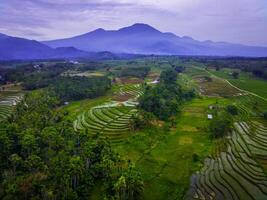 hermosa Mañana ver desde Indonesia de montañas y tropical bosque foto