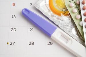 Pregnancy test with birth control pills and condom for female on calendar, ovulation day. photo