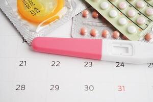 Pregnancy test with birth control pills and condom for female on calendar, ovulation day. photo