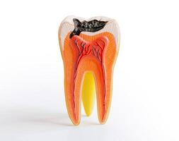 Decay tooth replace with dental implant root canal teeth model for education isolated on white background with clipping path. photo