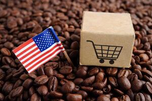 USA America flag on coffee beans, shopping online for export or import food product. photo