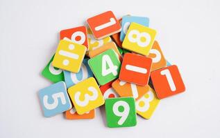 Number wood block cubes for learning Mathematic, education math concept. photo