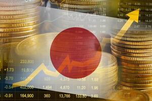 Japan flag and map with stock market finance, economy trend graph digital technology. photo