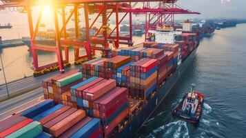 Logistics, container Cargo ship transportation with working crane bridge in deep sea port for import export. photo