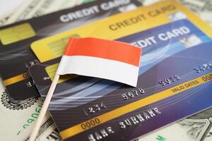 Indonesia flag on credit card, finance economy trading shopping online business. photo