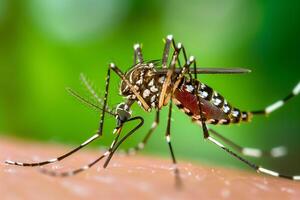 dengue hemorrágico fiebre, Aedes mosquito succión humano sangre en piel. foto