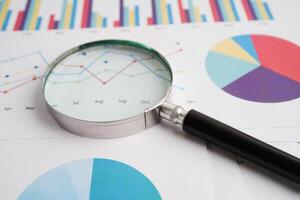 Magnifying glass on charts graphs paper. Financial development, Banking Account, Statistics, Investment Analytic research data economy. photo
