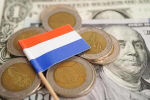 Netherlands flag on coin and banknote money, finance trading investment business currency concept. photo