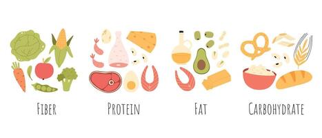 Set of healthy macronutrients. proteins, fats and carbs or carbohydrates presented by food products. Flat illustration of nutrition categories isolated on white background vector