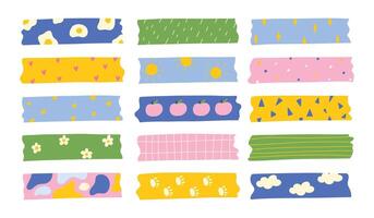 Washi tapes collection. Colourful scrapbook stripes, sticky label tags and decorative scotch strip. Border elements, paper sticker tape racy design vector
