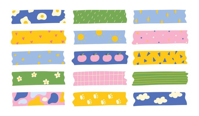 Washi tapes collection. Colourful scrapbook stripes, sticky label tags and decorative scotch strip. Border elements, paper sticker tape racy design