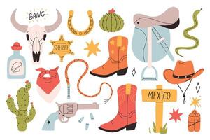 Set of wild west elements. clip arts of wild west cowboy. Collection of isolated texas and arizona elements. vector