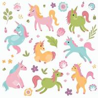 un conjunto de unicornios con flores y plantas. blanco fondo, aislar vector