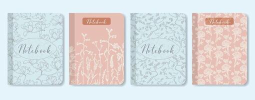 Notebook cover collection sketch flourish neutral pattern. Aesthetic worksheet with floral art. vector