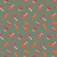 Seamless pattern with mushroom characters. Design for fabric, textile, wallpaper, packaging. vector