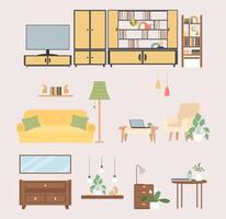 Retro Furniture and home accessories in vintage style. Living room with TV set, wall shelf, wardrobe, coffee table vector